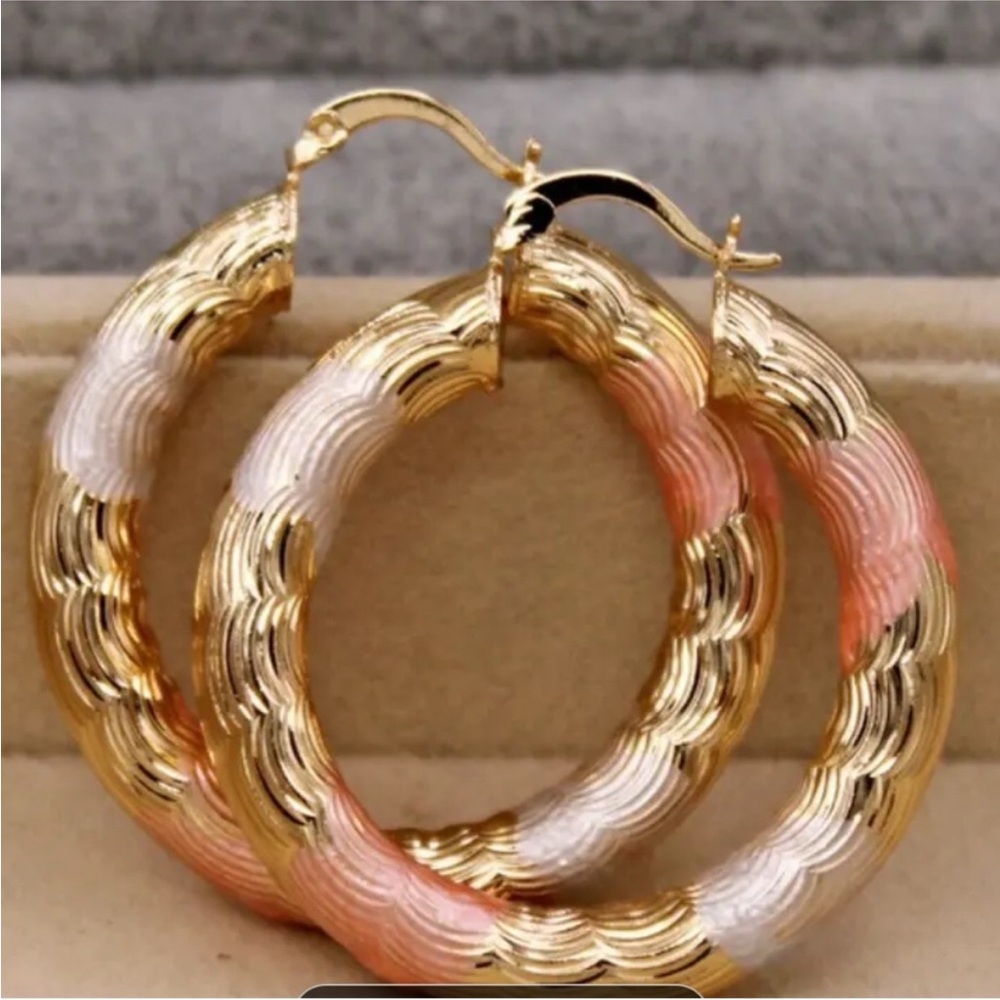 Gold Pink and White Hoops Earrings